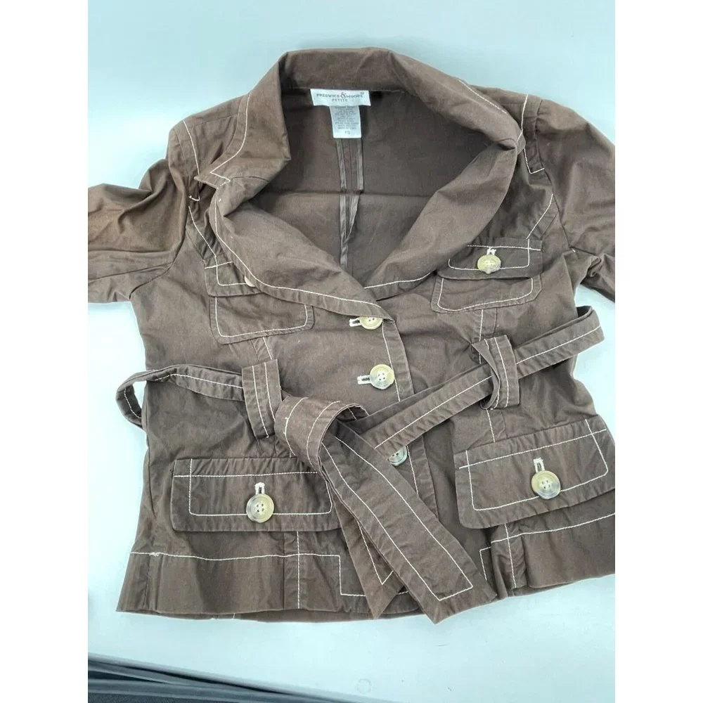 Preswick & Moore Petite Women's Brown Belted Pockets Button Jacket Size PS